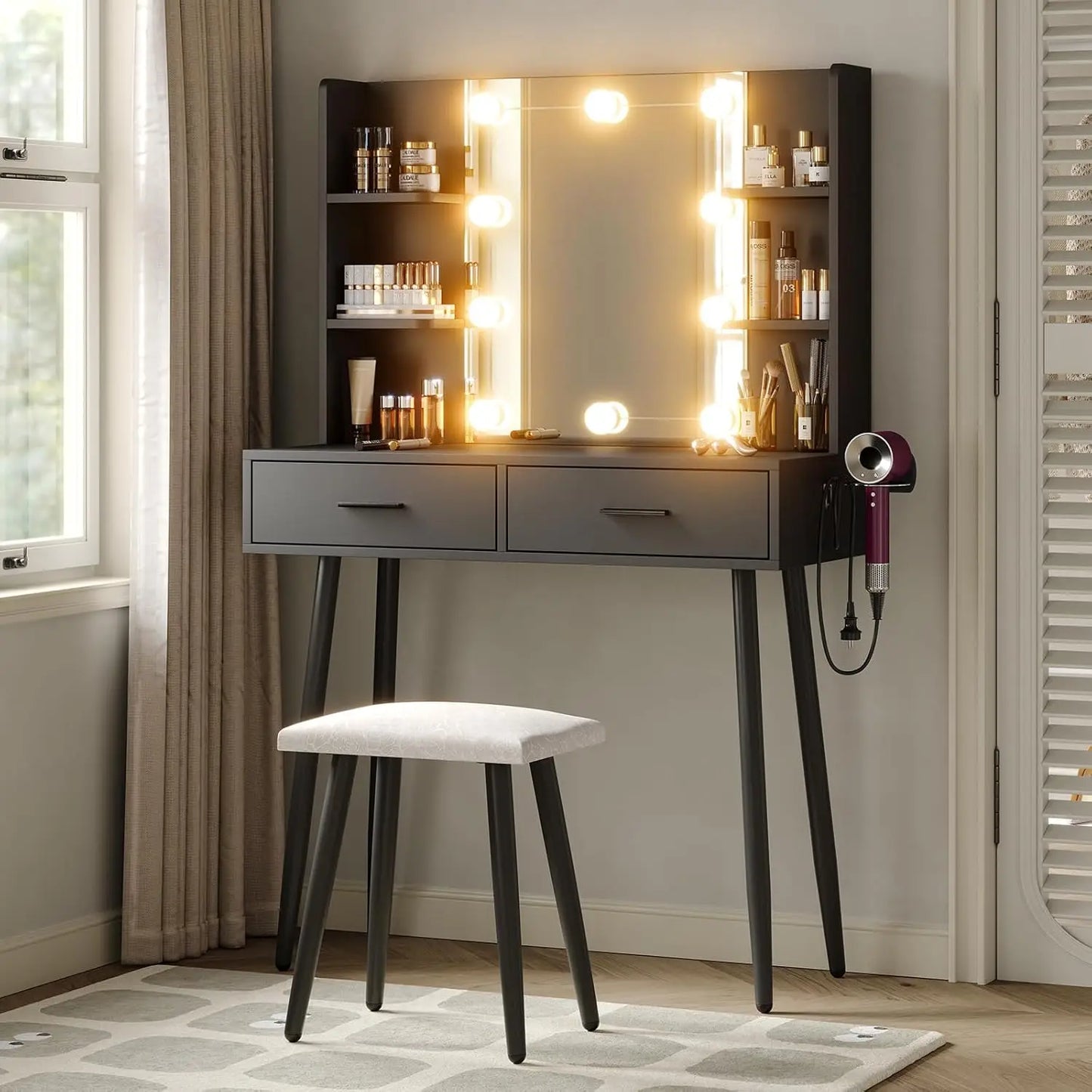 37 Inch White Vanity Desk with Lights and Adjustable Brightness Vanity Mirror Set with 5 Drawers for Bedroom