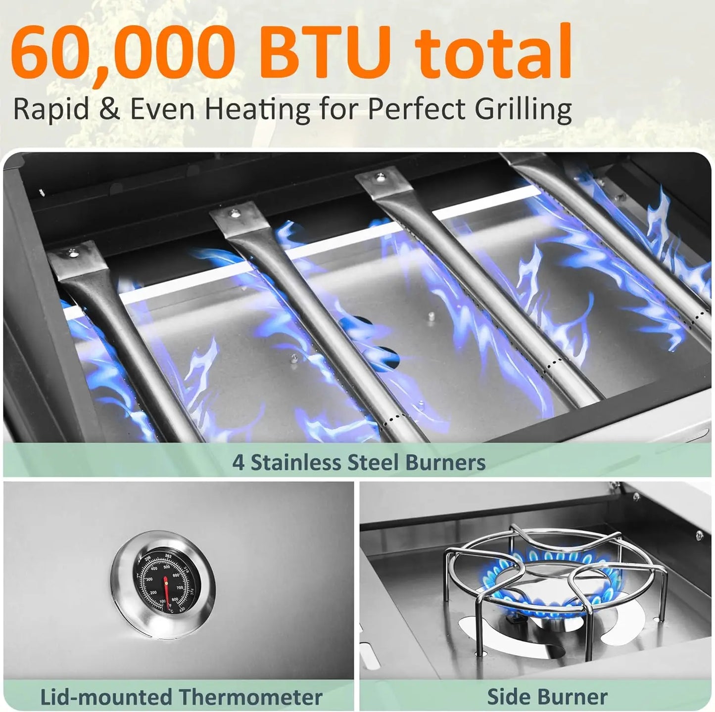 Propane Gas Grill 4 Burners with Side Burner Stainless Steel Grill Cart with Wheels for Outdoor Patio Garden Backyard Cooking