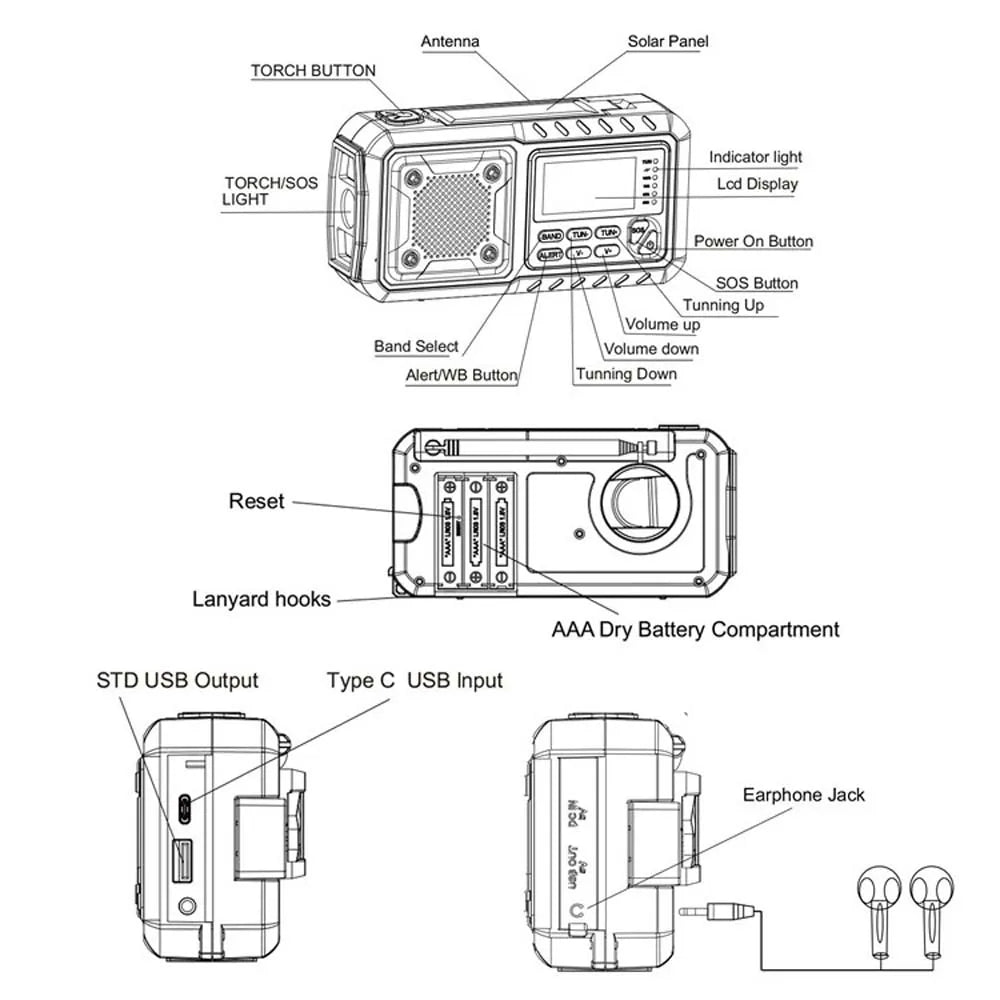 4000mAh Portable Emergency Solar Power Radio Hand Crank Charging AM FM Weather Radio LED Reading Flashlight Phone Charger