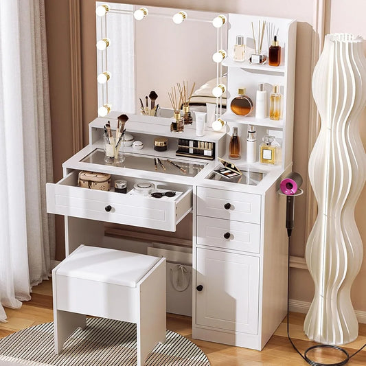 Makeup Vanity Desk with Mirror and Lights White Vanity Set with Drawers and Stool Modern Dressing Table with Glass Top