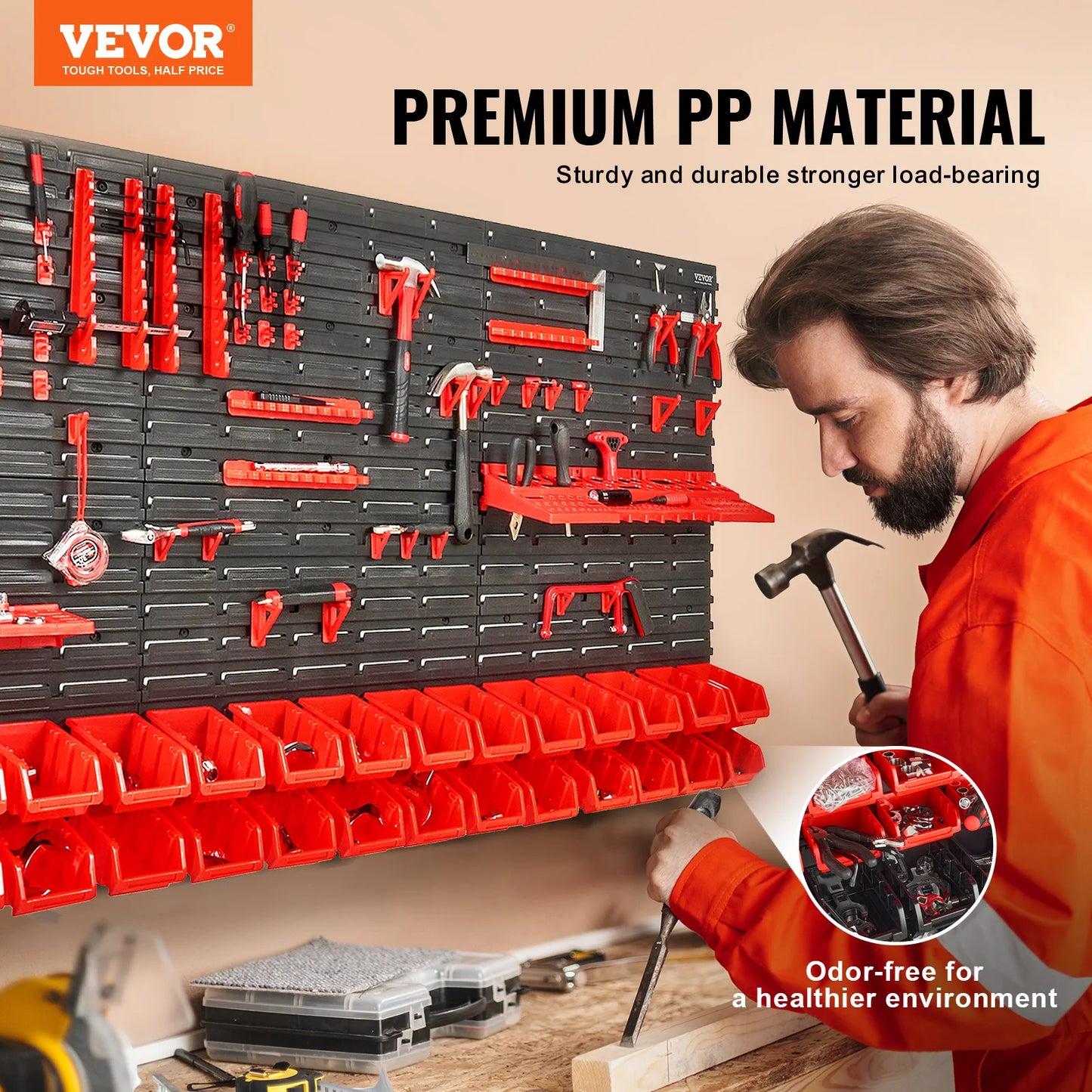 VEVOR Wall Mounted Storage Bins 30 48 Bin Parts Rack Organizer with Wall Panels Hooks Plastic Shop Tool for Screws Nails