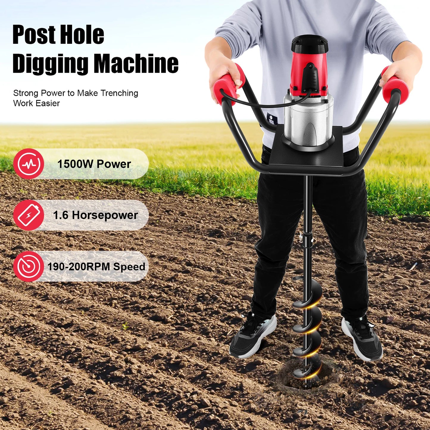 1500W Electric Post Hole Digger with 4inch Dril Earth Auger Digging Dril Planting Drill Holdhand Post Hole Auger for Garden