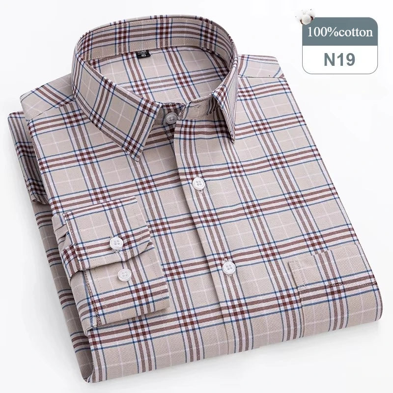 plus size 14xl 100%cotton long-sleeve shirts for men slim fit formal plain shirt soft plaid striped tops office elegants clothes