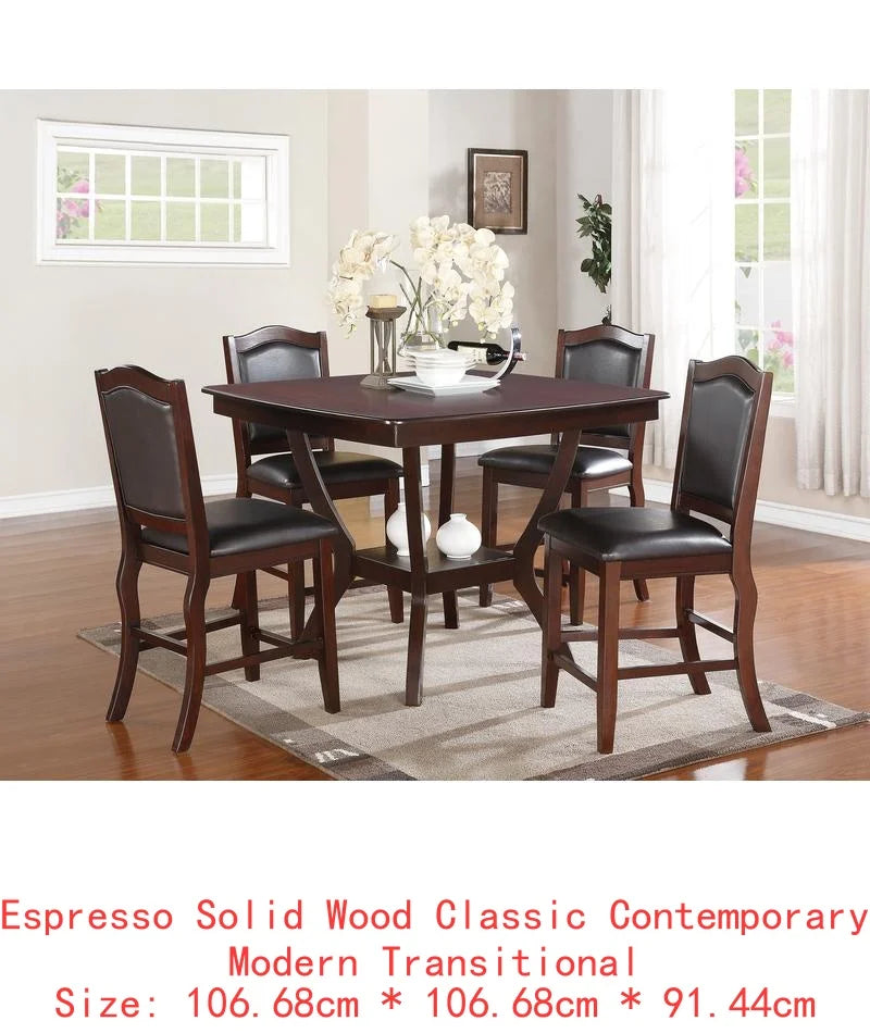7pc Formal Dining Set with Solid Wood Table, Shelve & 6 Chairs in Espresso Finish