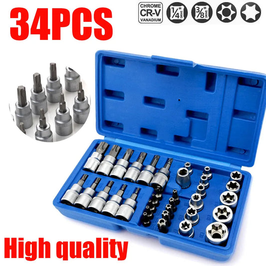 34PCS Torx Bit Socket and E-Torx Star Socket Set 1/2 Inch 1/4 Inch 3/8 Inch Drive Male Female E Security Bits Hand Wrenches Repair Tool