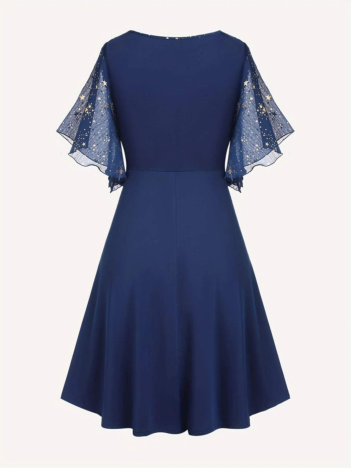 Fashion Women's Plus Size Star Print Button Pocket Pleats Butterfly Sleeve Elegant Dress