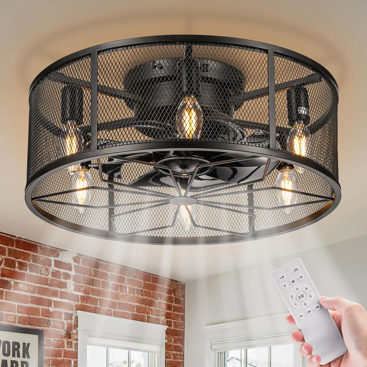 18 Inch Black Caged Ceiling Fan With Lights Flush Mount
