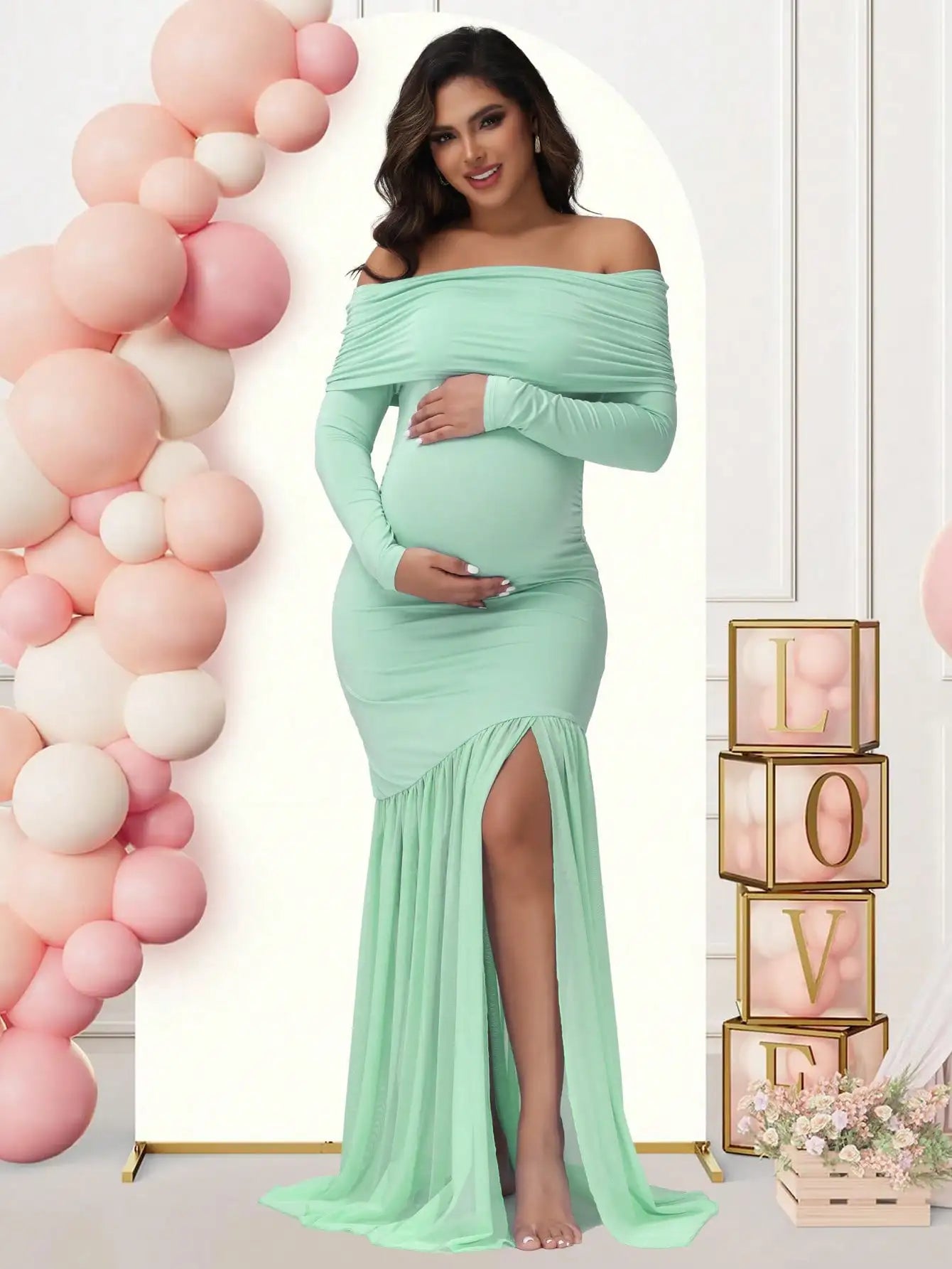 CN Guangdong Maternity Photoshoot Off Shoulder Evening Gown