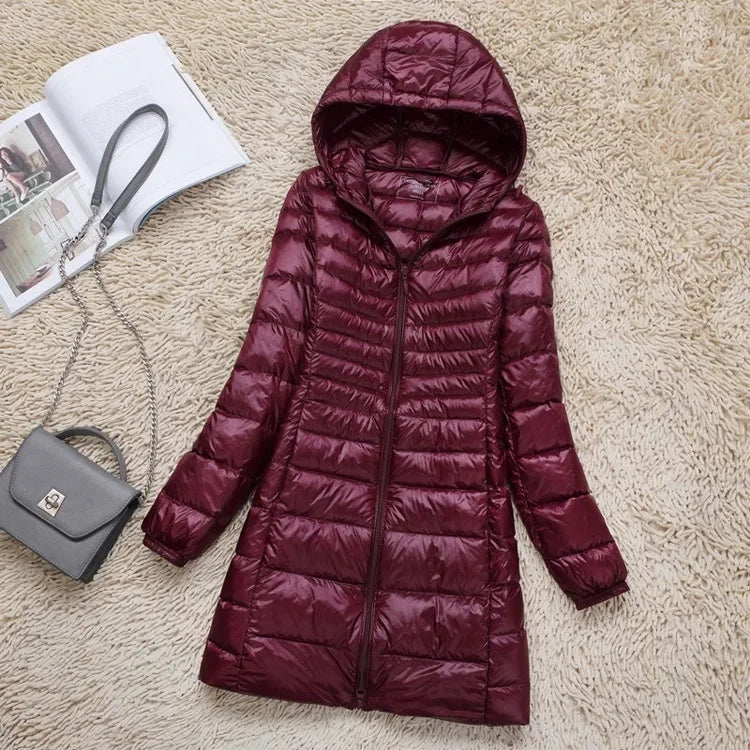 Plus Size White Duck Down Jacket Lightweight Down Coat for Women Hooded Long Winter Wear