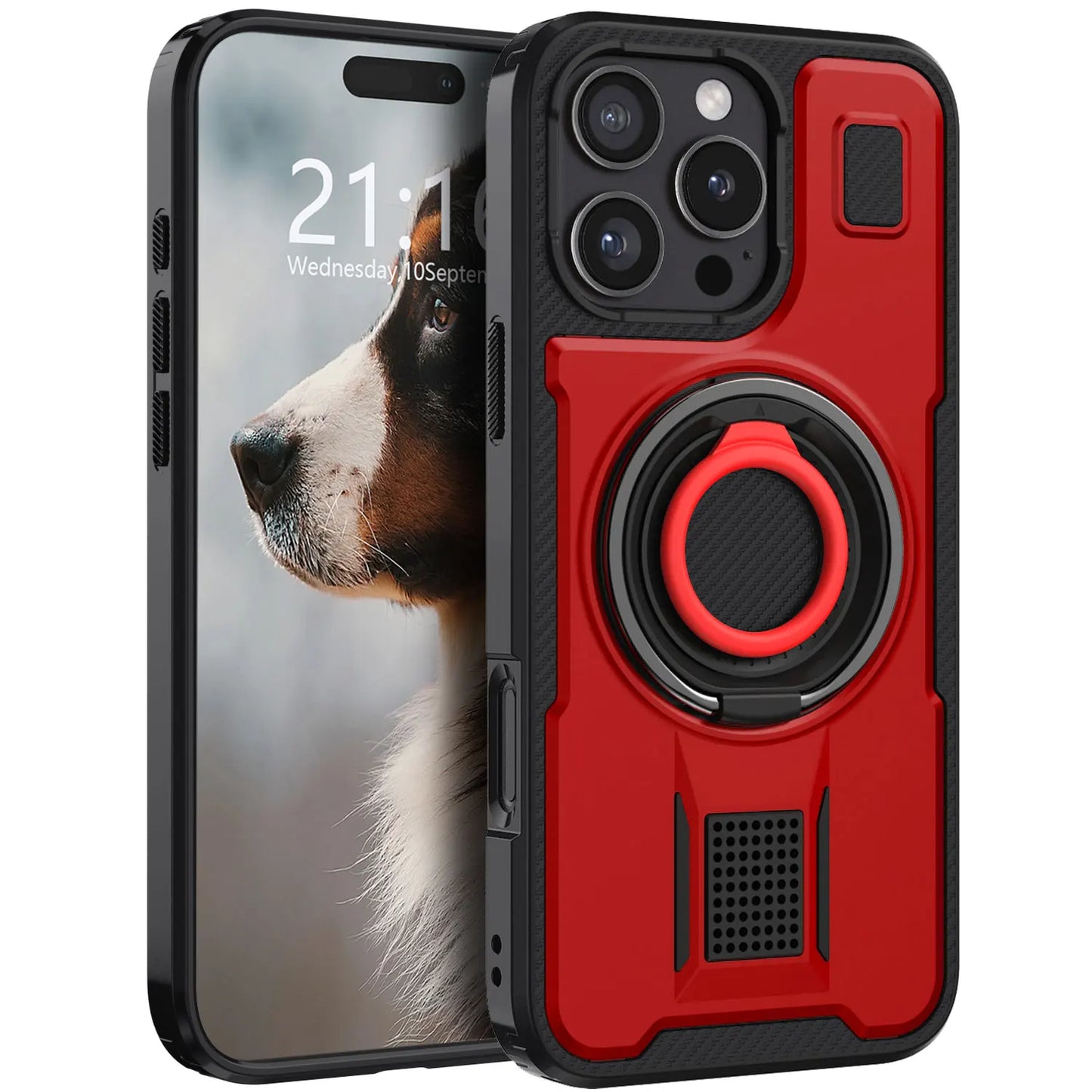For iPhone 16 16 Plus 16 Pro 16 Pro Max Hybrid Shockproof Case with Double Ring Kickstand Rugged Hard Slim Thin Cover Red