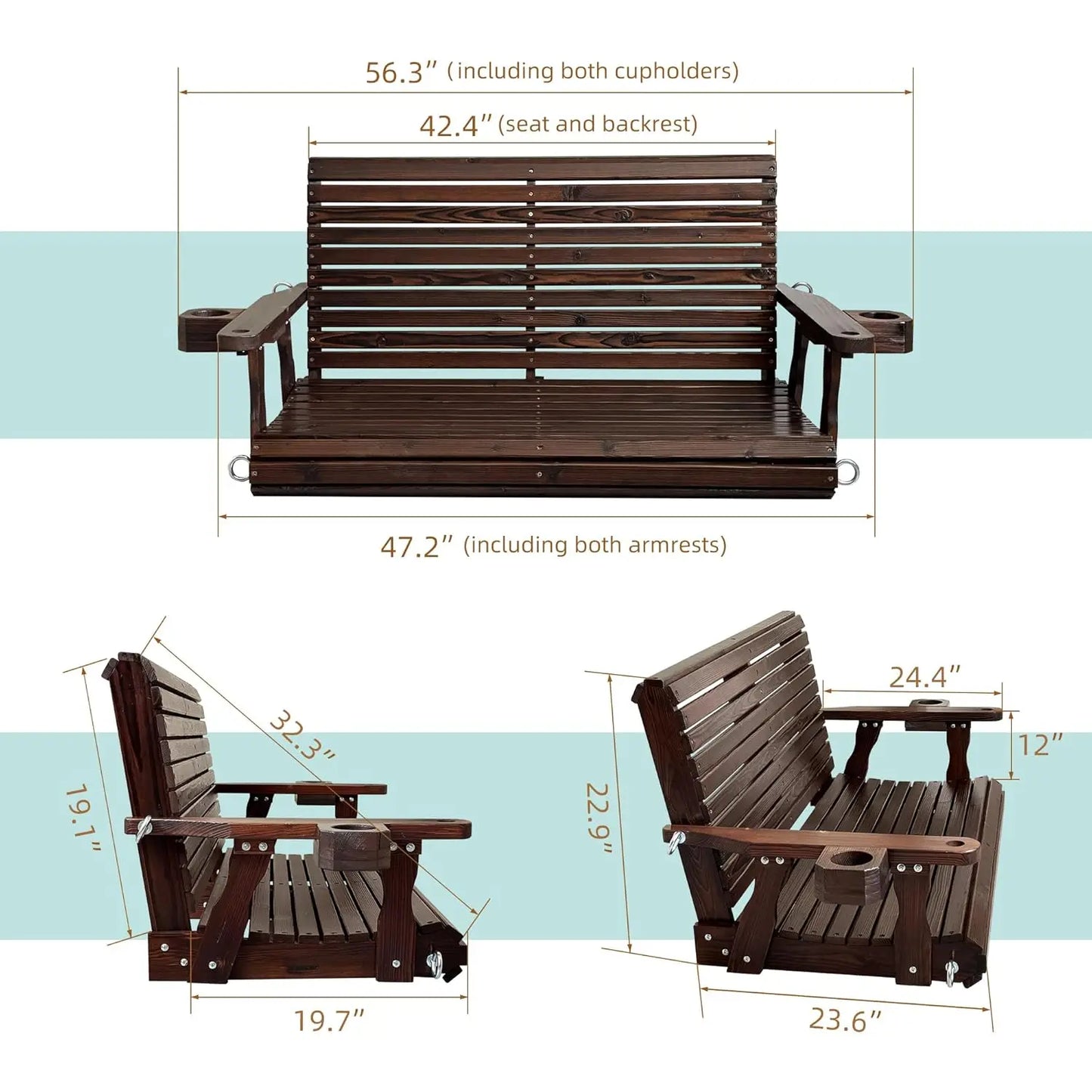 Wooden Porch Swing 2-Seater, High Backrest and Deep Seat, Bench Swing with Cupholders, Hanging Chains and 7mm, Customized