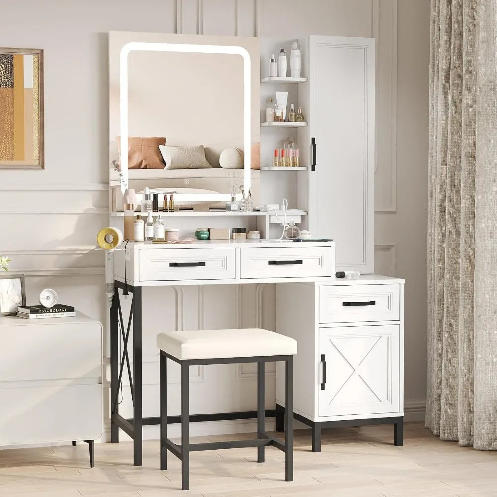 Vanity Desk with HD LED Mirror White Makeup Table with Large Jewelry Cabinet and Ample Storage Shelves 3 Drawers and Cabinets