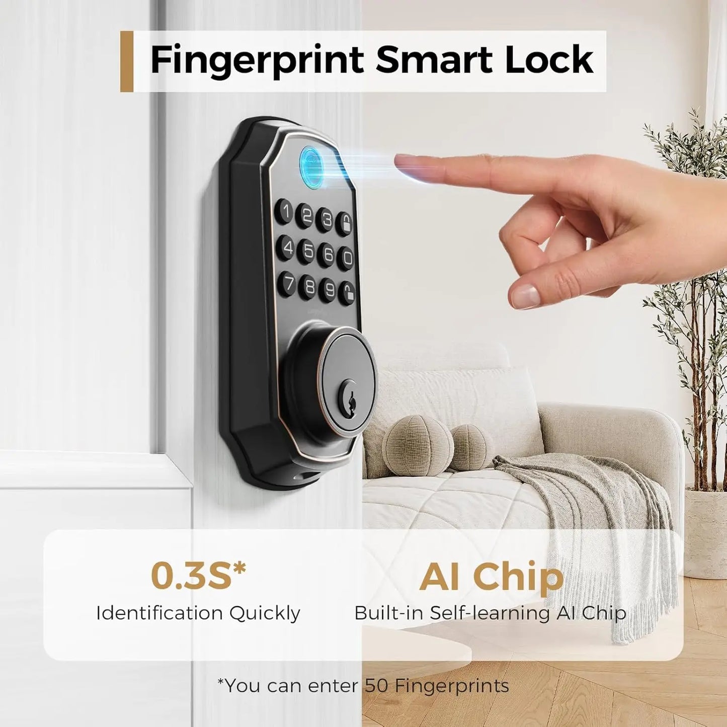 Arpha D280W WIFI Keyless Entry Door Lock 5-in-1 Smart Fingerprint Deadbolt w/ Keypad Electronic Deadbolt Auto-Lock One Touch Loc