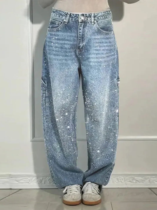 Shiny Rhinestone Baggy Women's Wide Leg Jeans Full Diamond Dragging Denim Pants Vintage Washed Casual Trousers