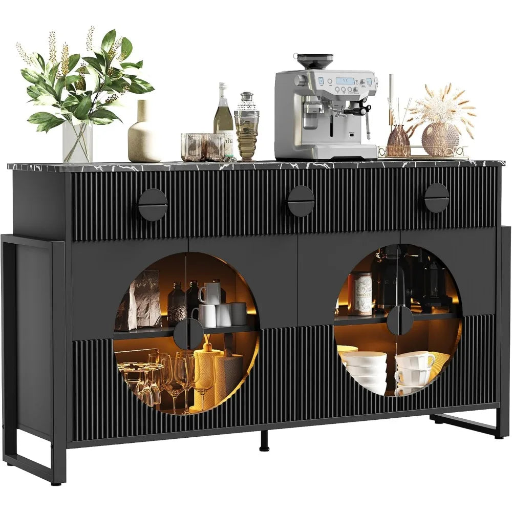 62" Fluted Sideboard Buffet Cabinet with LED Lights & Glass Doors, Faux Marble Top Console Table with 2 Adjustable Shelves