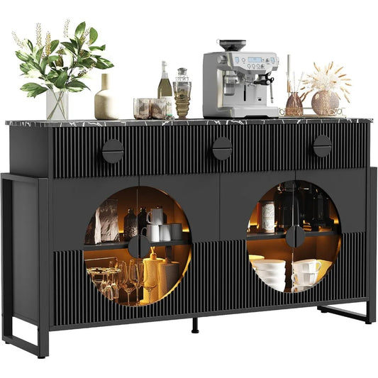 62" Fluted Sideboard Buffet Cabinet with LED Lights & Glass Doors, Faux Marble Top Console Table with 2 Adjustable Shelves