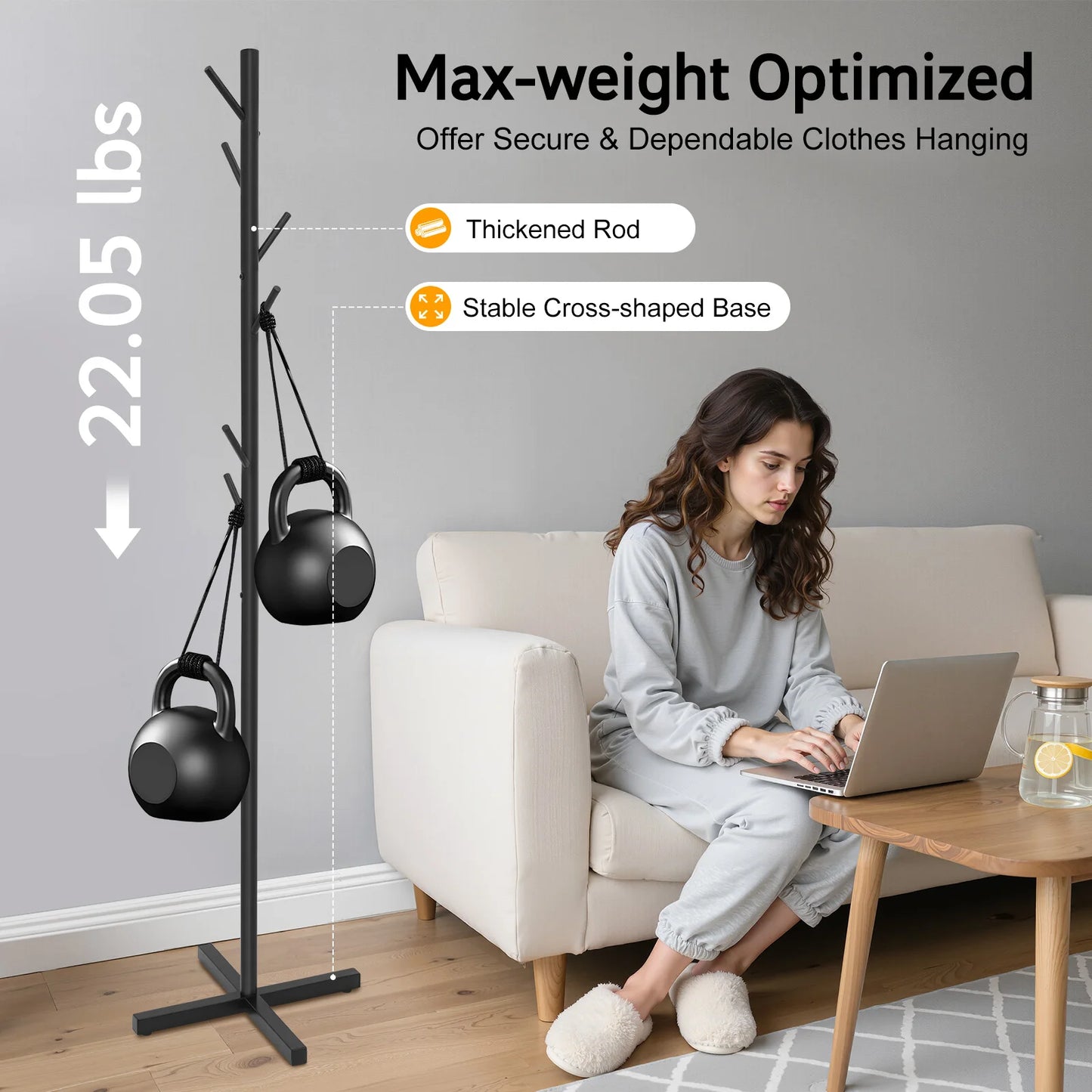 Black Metal Coat Rack Tree-Shaped Vertical 7 Hook Floor Standing Hanger Storage Rack Clothes Hat Scarf Holder for Entrance Foyer