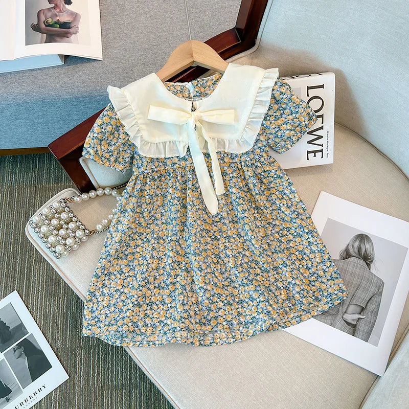 Baby Girl Summer Floral Bow Short Sleeve Dresses Cute Cotton Clothing for Girls 1-3 Years