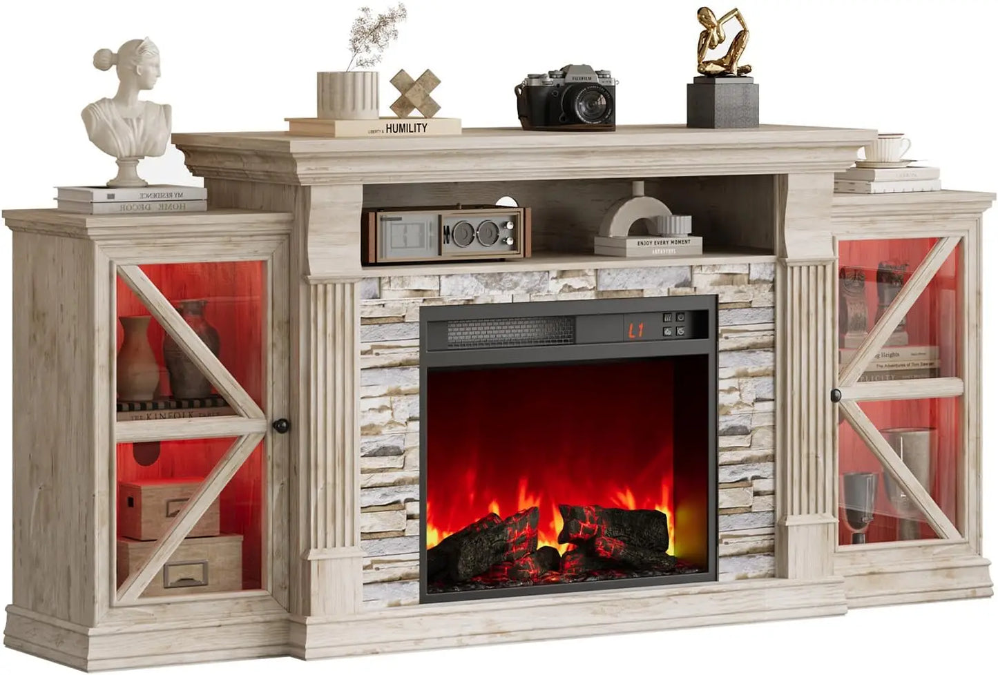 HUANZHUANG Electric Fireplace TV Stand With Glass Doors