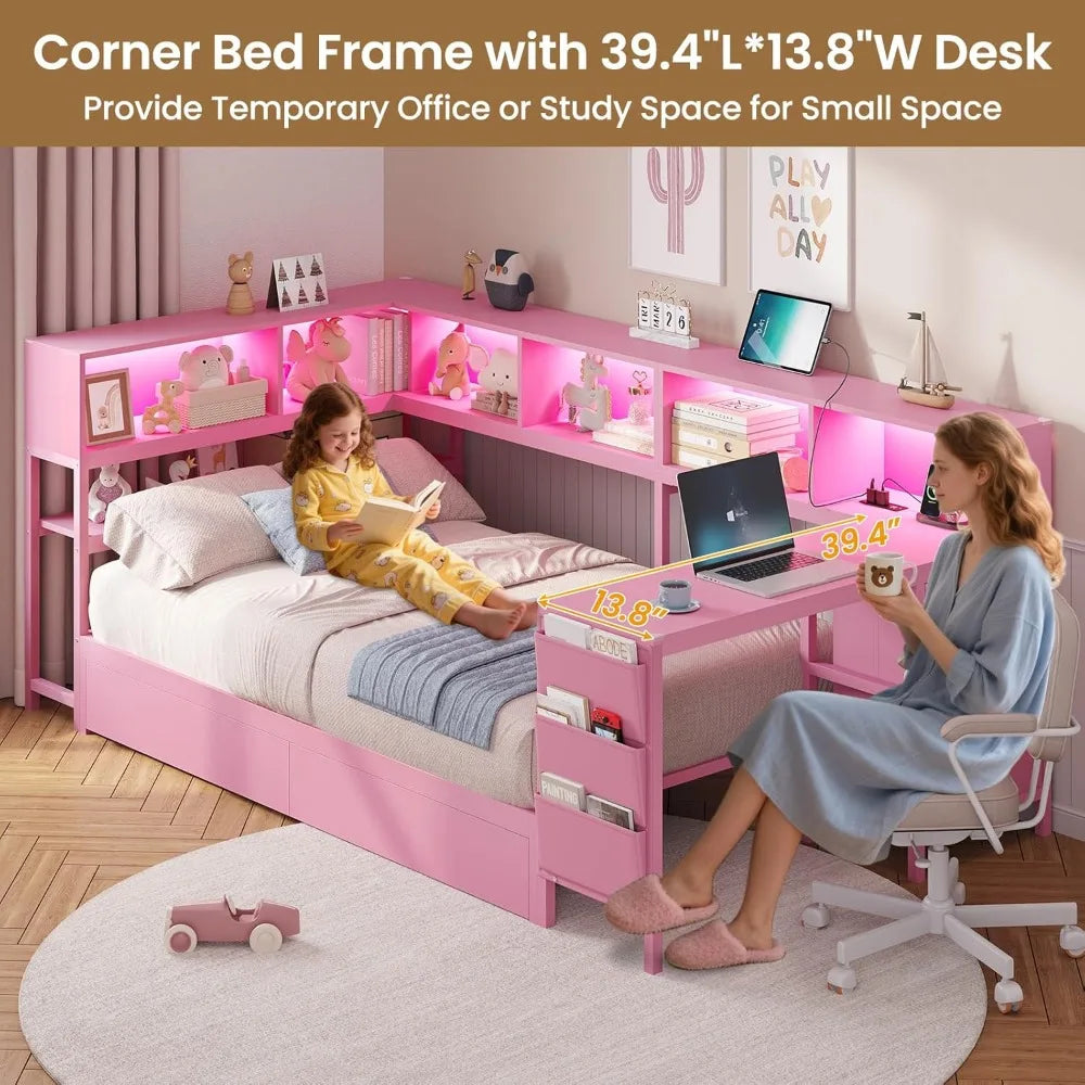 Color Corner Bed Frame With Desk Charging Station Lights