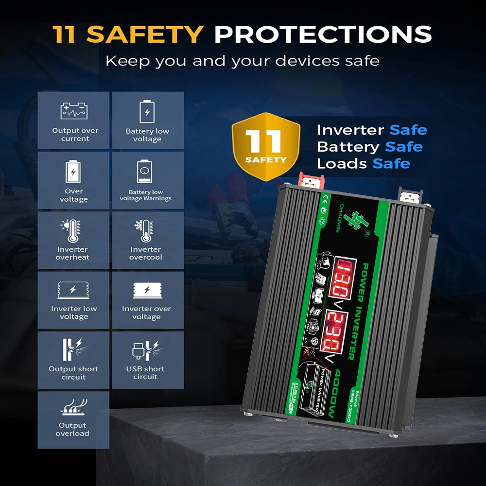 4000W DC 12V To AC 110V 220V Dual USB LCD Display Solar Inverter Portable Power Bank Car Converter For Camping RV