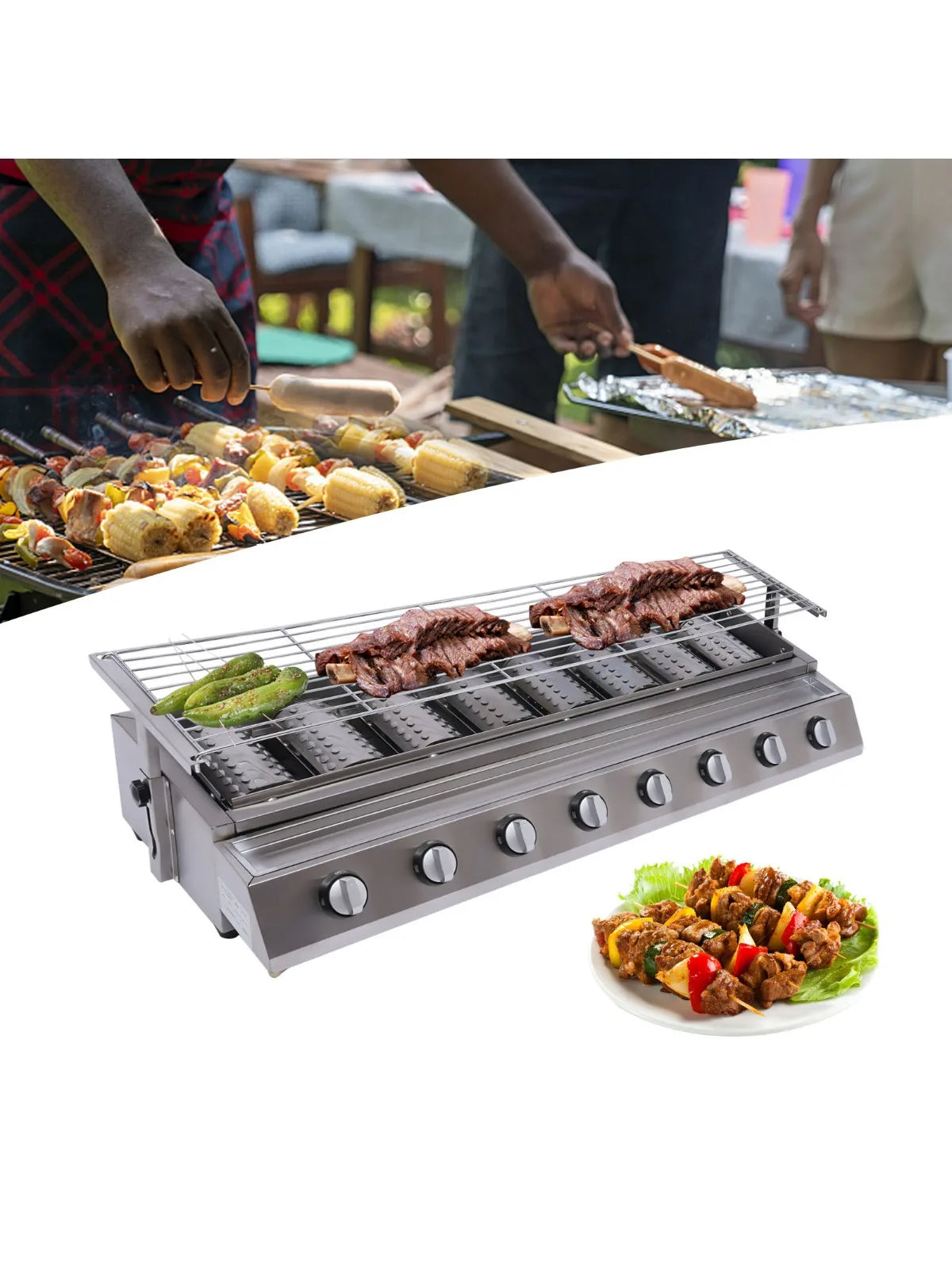 8 Burner Gas Grill Outdoor Tabletop Gas BBQ Grill Commercial Stainless Steel Gas Grill for Camping Picnicking