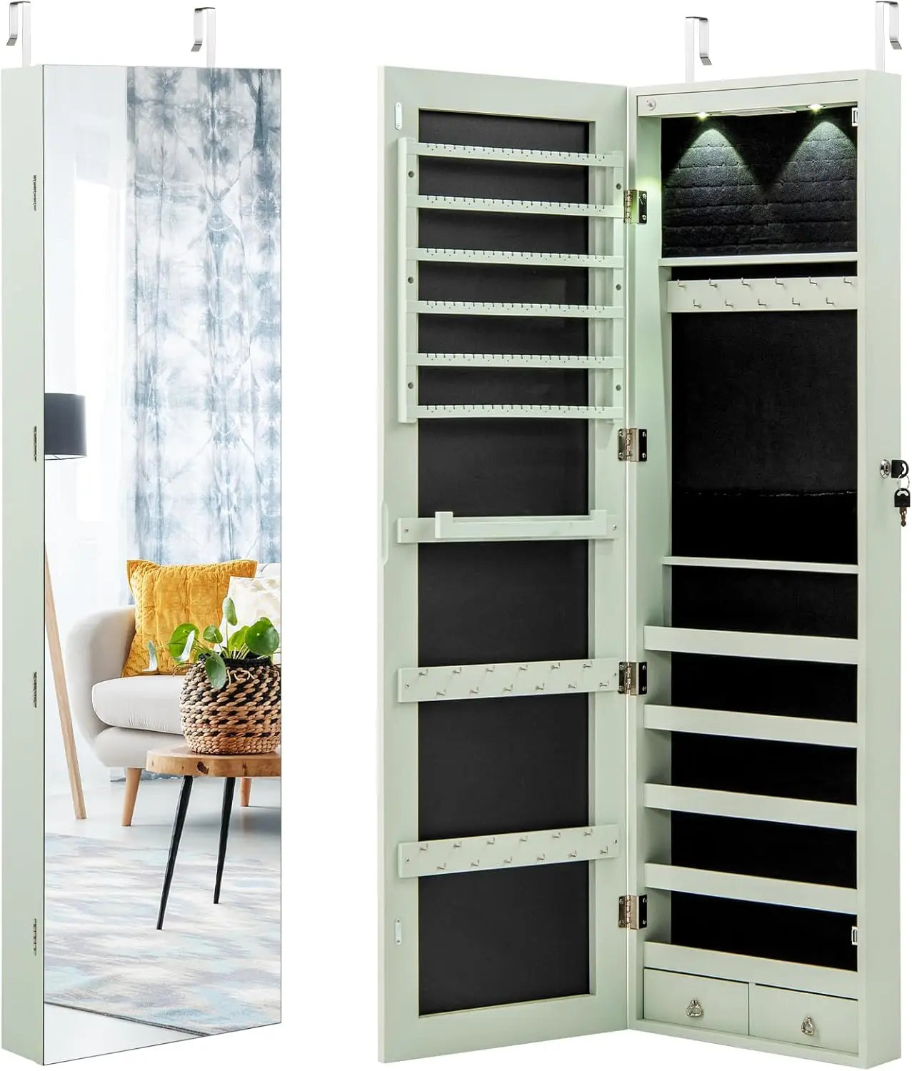 2 LEDs Full Length Mirror Jewelry Armoire with Storage and Mounting Options 47.5 Inch Jewelry Cabinet