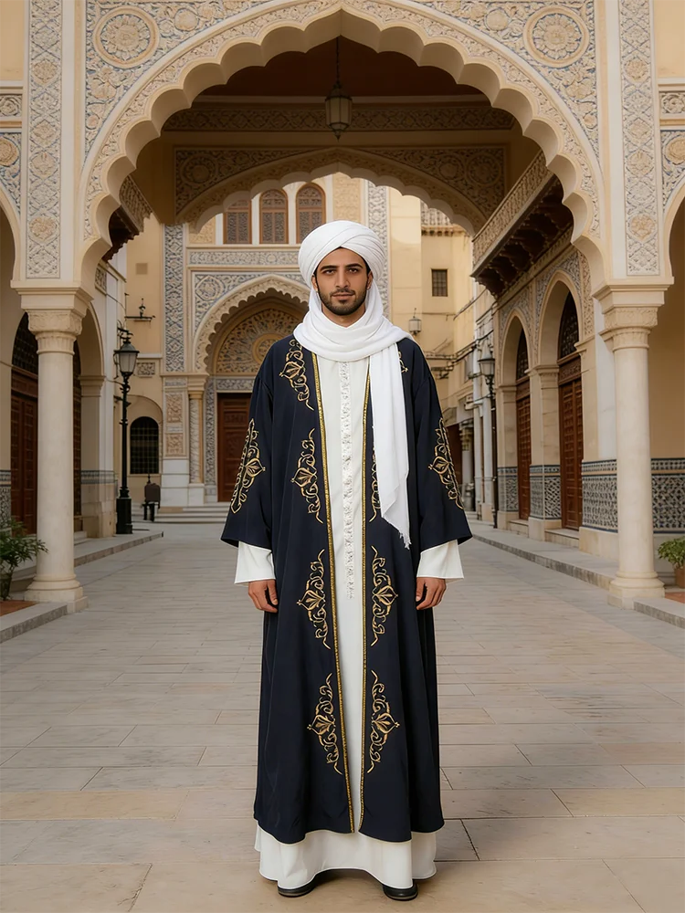 Abaowedding Men's Kaftan,Muslim arab THobe Caftan,Long Sleeve Embroidered Casual Formal Dubai Thobe