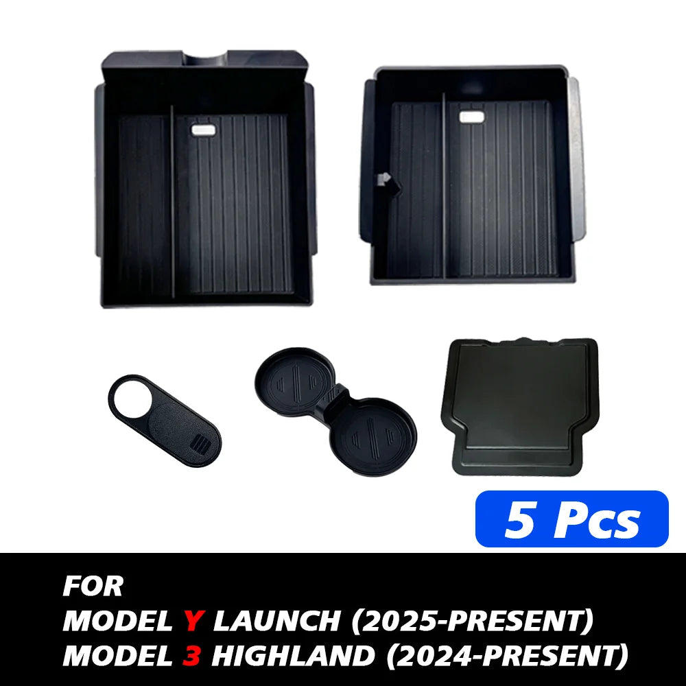 Console And Armrest Storage Box For Tesla New Model Y 2025 Juniper ABS With Silicone Non Slip Mat And Water Cup Holder