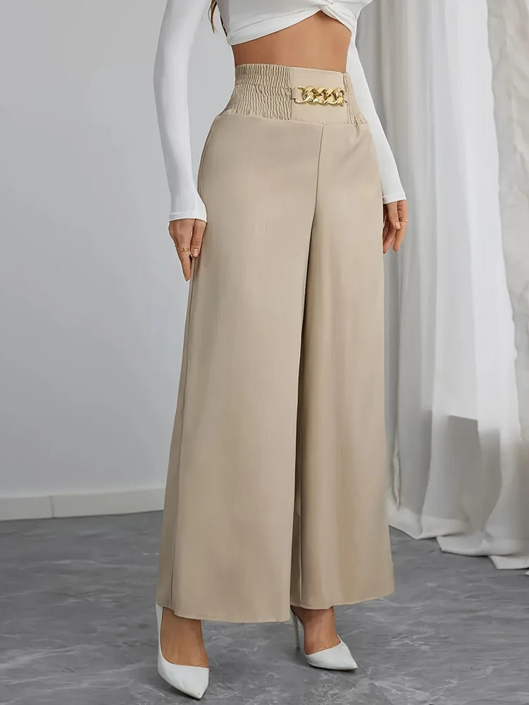 Plus Size Women's Casual Wide Leg Pants with Drawstring Waist and Pockets for Beach or Everyday Wear