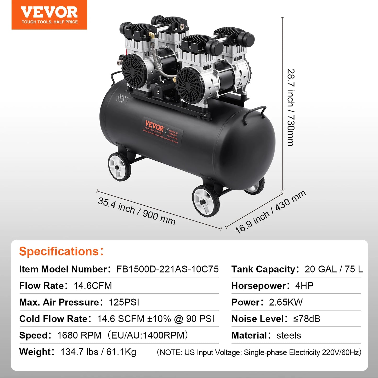 SucceBuy Air Compressor 750W 1450W 3000W Oil Free Portable Quiet Compressor Pump for Auto Repair and Tire Inflation