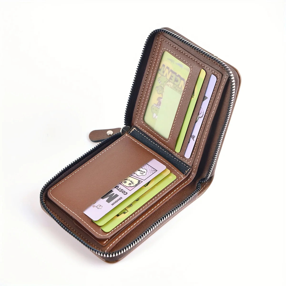Men's PU Wax Oil Skin Wallet Zipper Around Coin Purse Short Card Holder for Men