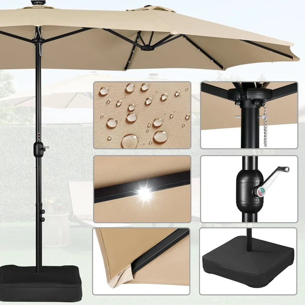 15 Ft Large Patio Umbrella with Solar Lights Double Sided Outdoor Rectangle Market Umbrella with 36 LED Lights and Base Included