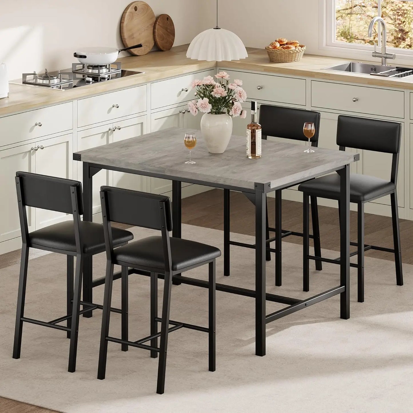 5-Piece Dining Table Set , Bar Table Set with 4 Upholstered Chairs for Pub, Dining Room, Kitchen