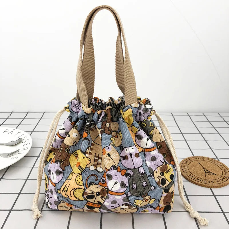 Japanese Cute Bento Bag Tote Canvas Lunch Bag Cartoon Anime Drawstring Bag Foldable for Two Lunch Boxes