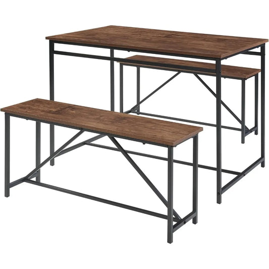 3 Piece Dining Room Table Set 43 Inch Kitchen Table with Two Benches Breakfast Table Top Metal Frame