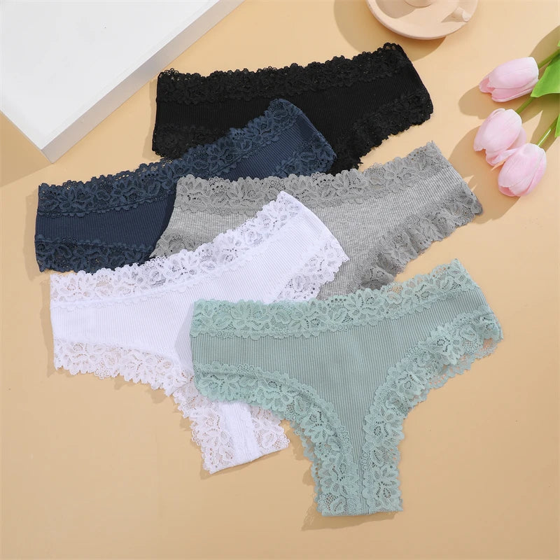 5 Pcs Set Women Cotton Floral Lace Intimate Underwear Trendy Patchwork Lace Briefs Soft Lingerie S-XL