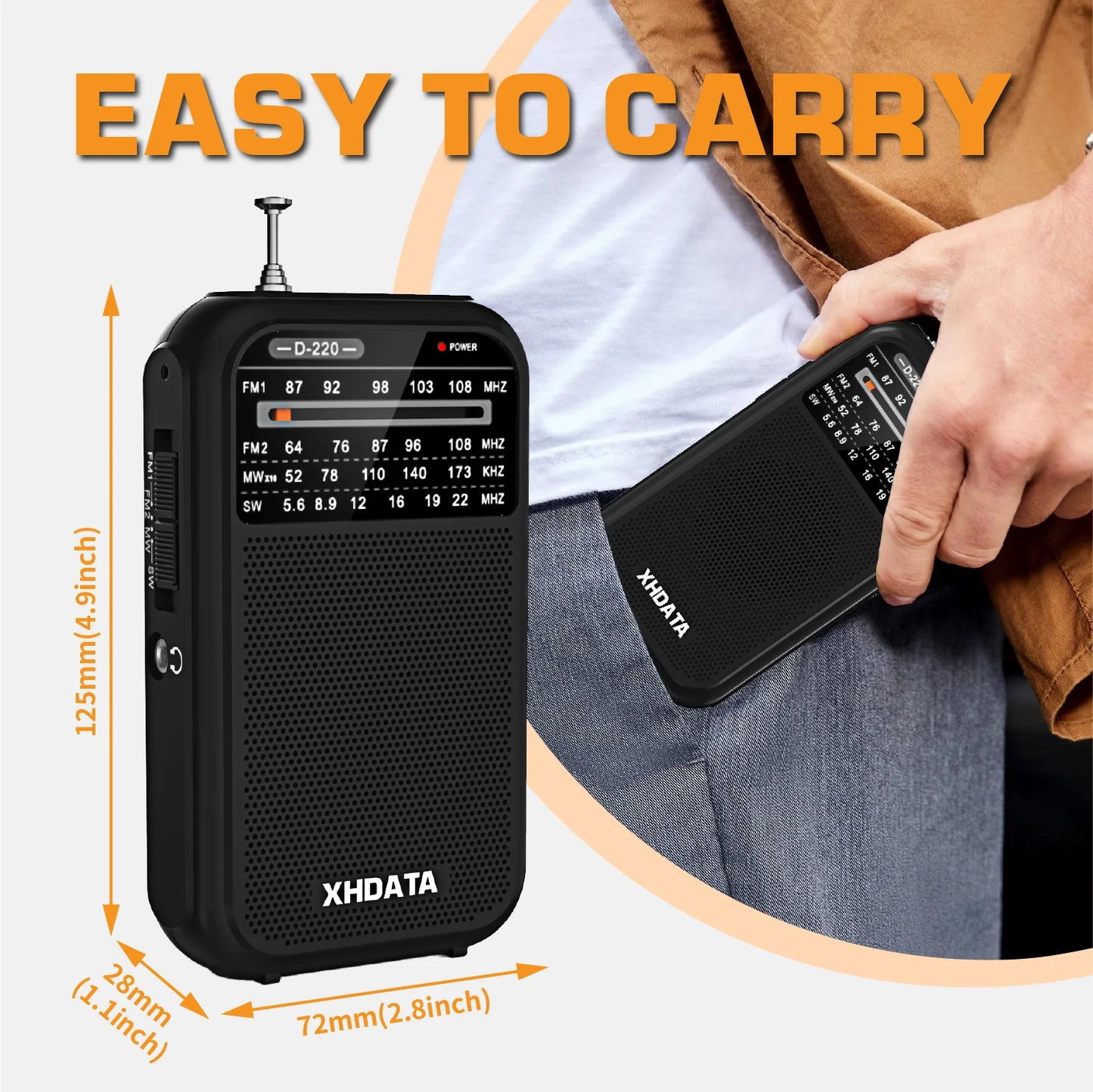 XHDATA D220 Vintage Retro Portable Pocket Radio FM 1-2 MW 9K 10K SW 4 Bands High Sensitivity DSP Digital Radio