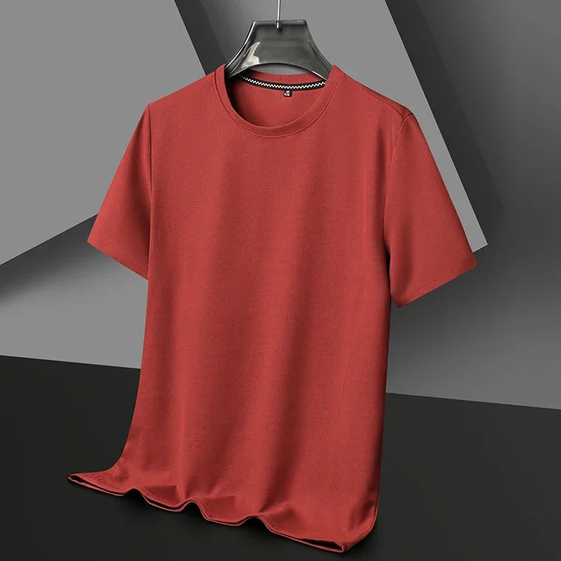 New Summer Waffle Round Neck Short Sleeved T Shirt for Men Casual Top