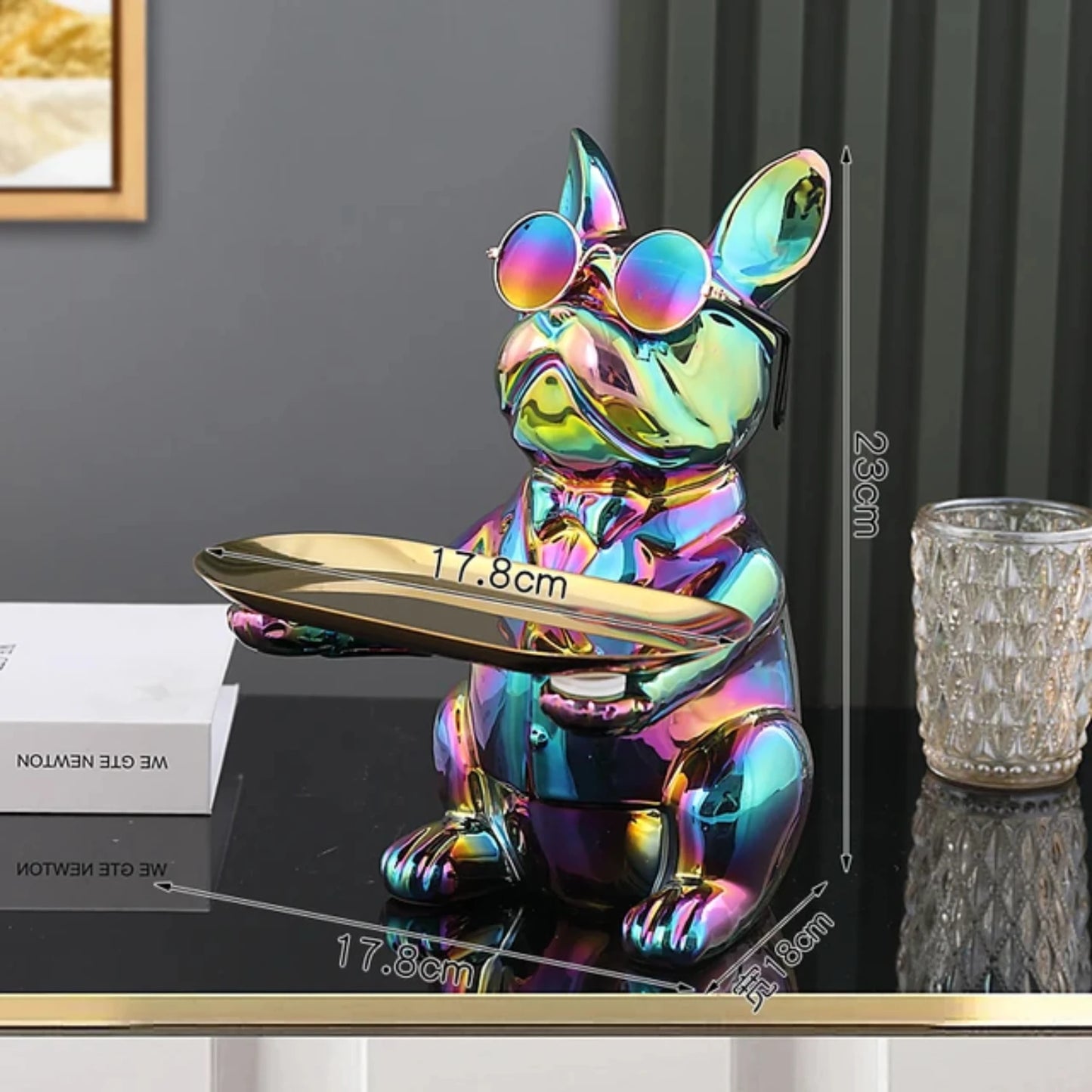 Nordic French Bulldog Sculpture Dog Figurine Statue Key Jewelry Storage Table Decoration Gift With Plate Glasses