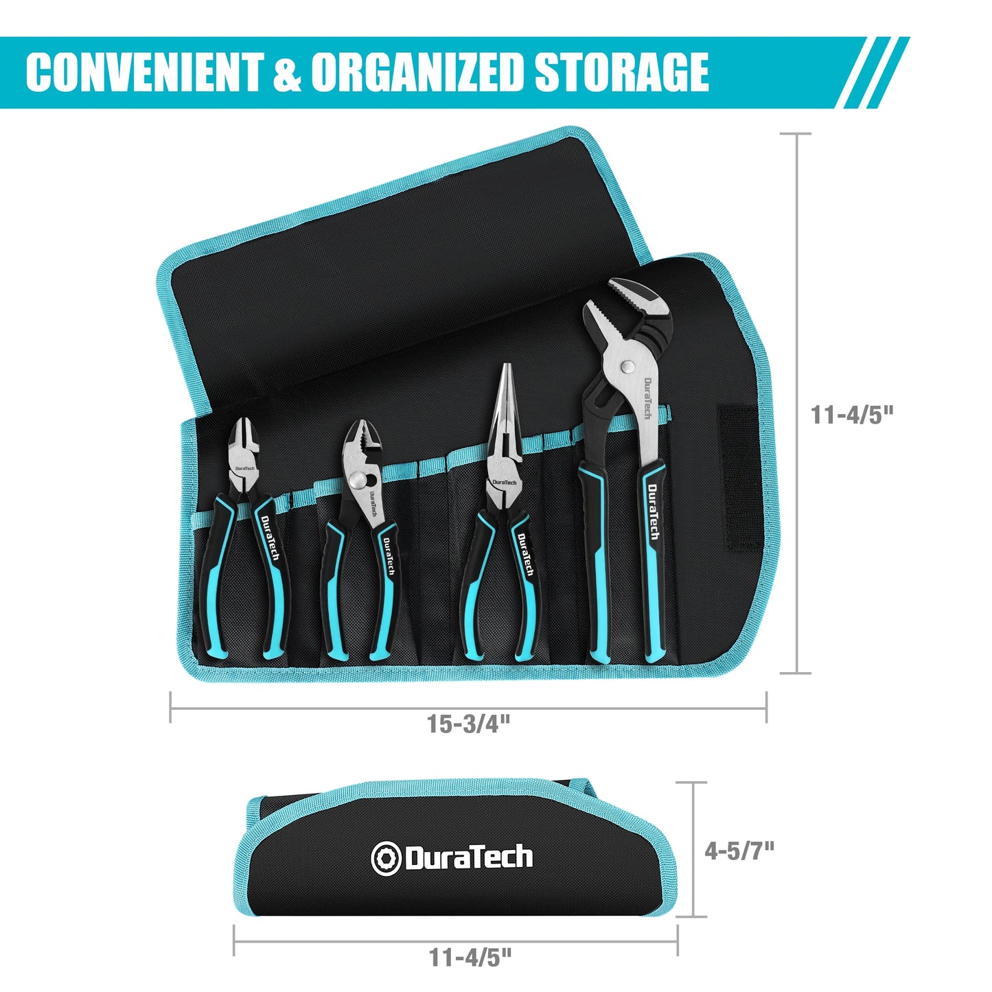 Duratech 4 Piece Pliers Set with Rolling Pouch Premium Cr Ni Construction for Basic Repair