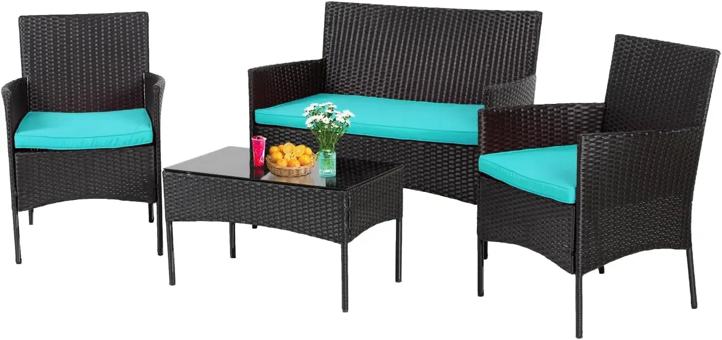 4 Pieces Patio Furniture Set Rattan Wicker Sofa Garden Conversation Set with Soft Cushions and Glass Table