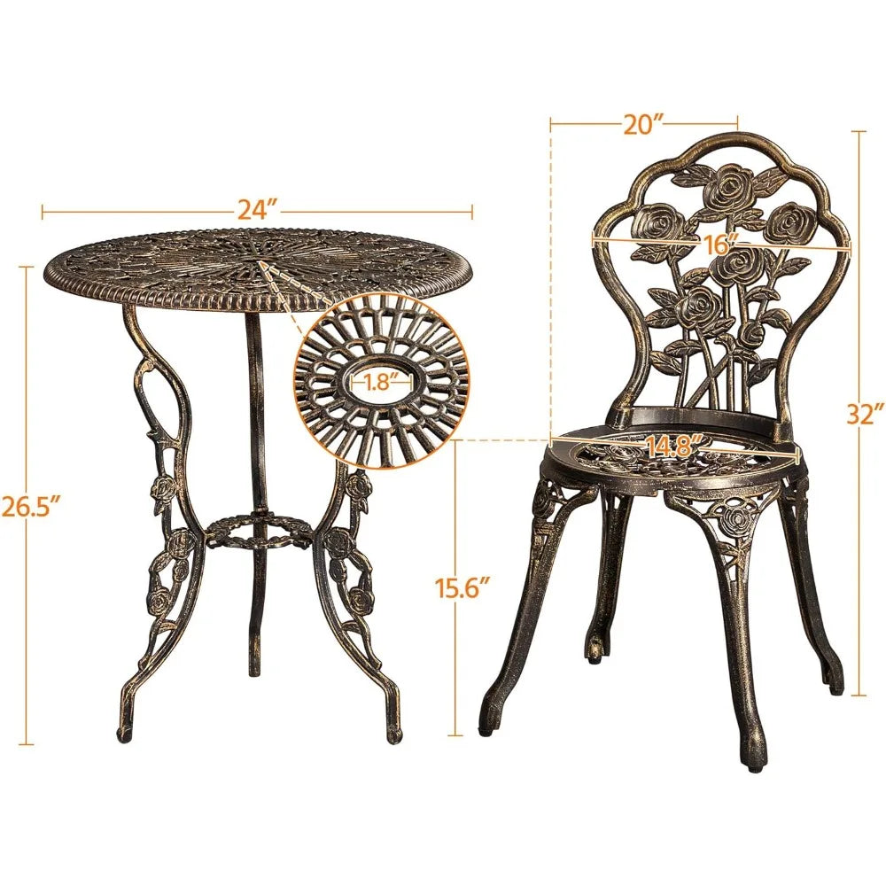 3 Piece Outdoor Bistro Set with Rose Design Rust Resistant Cast Aluminum Table and Chairs with Umbrella Hole for Balcony and Backyard