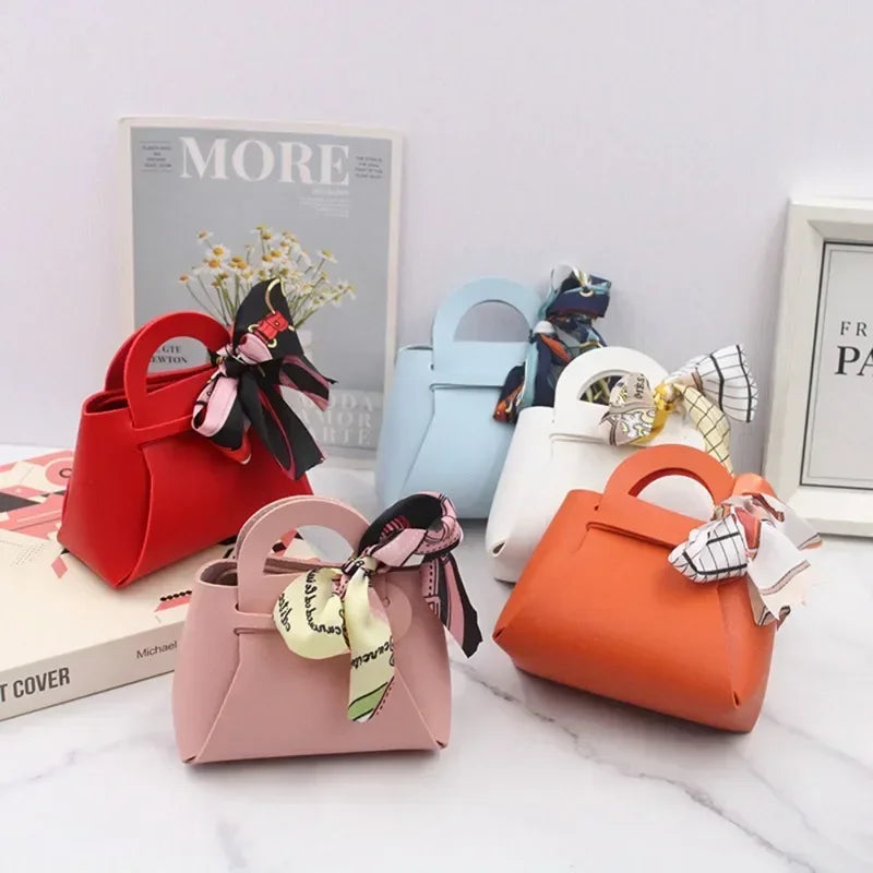 10 Pieces Pink Leather Gift Bags for Weddings and Events Mini Handbags with Ribbon Candy Packaging Box Party Decor