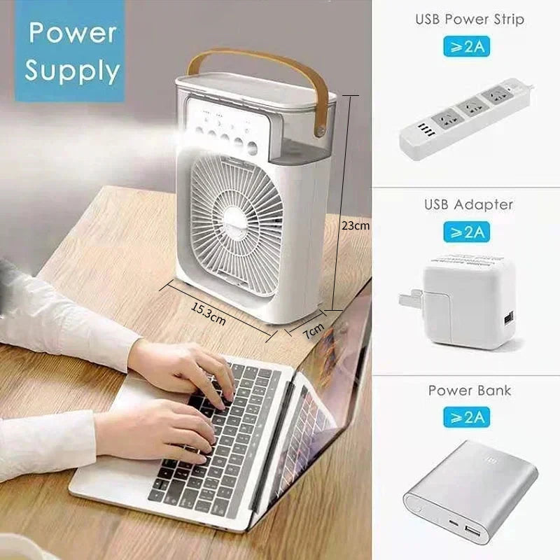 New 3 In 1 Mini Air Conditioner Household Fan with LED Night Light Portable Humidifier and Adjustable Air Flow for Office and Home
