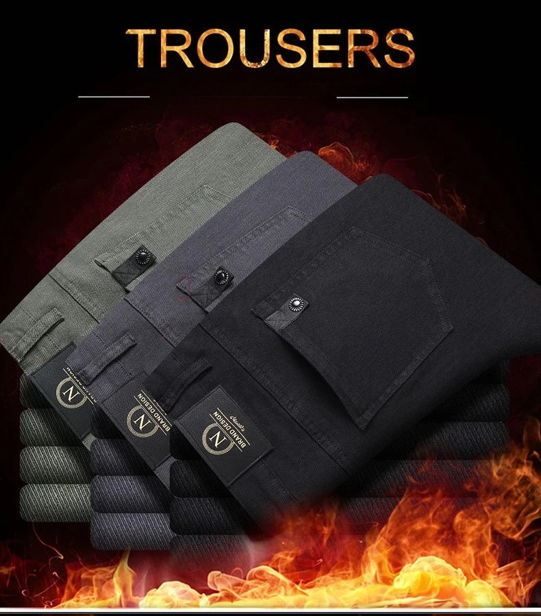 Winter New 2025 Fleece Pants Men's Thick Slim Elastic Business Casual Velvet Pants Warm Fashion Solid Color Plush Trousers Male