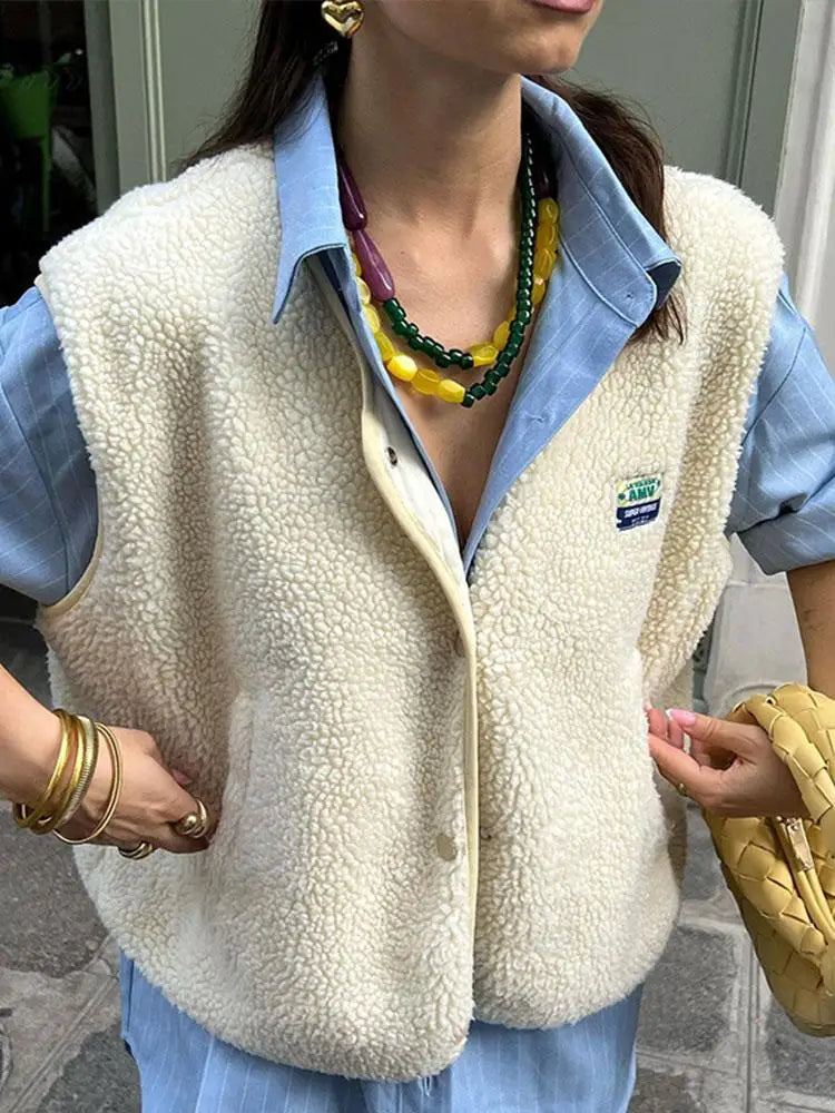 Fashion Casual Single Breasted Lamb Vest For Women Sleeveless Pockets O Neck Top 2025 Lady Spring Wool Blended Coat