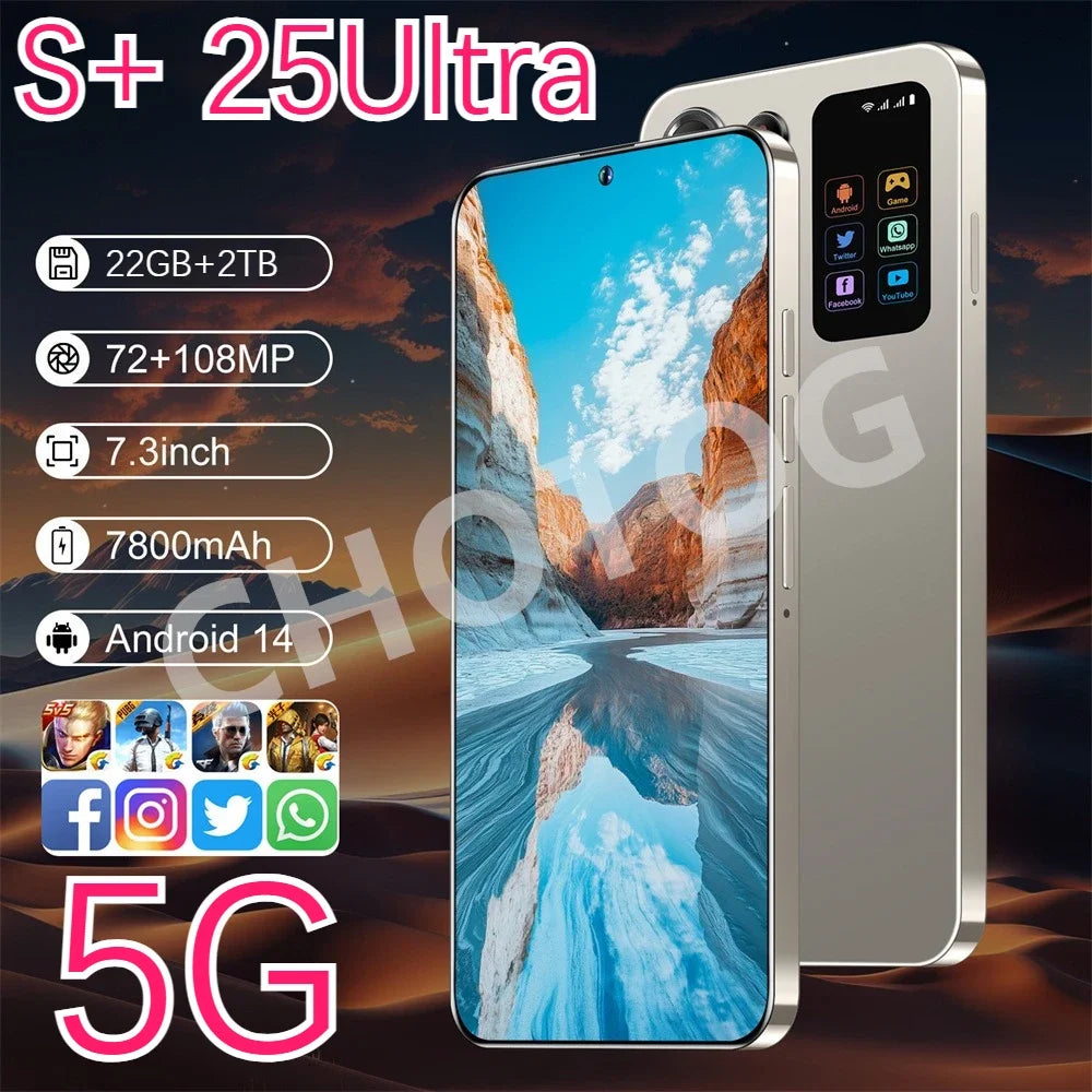 New Cellphones S Plus 25 Ultra Global Version 5G Original 7.3 Inch Smartphone Dual SIM 108MP Cell Phone 7800mAh Android Mobile Phones