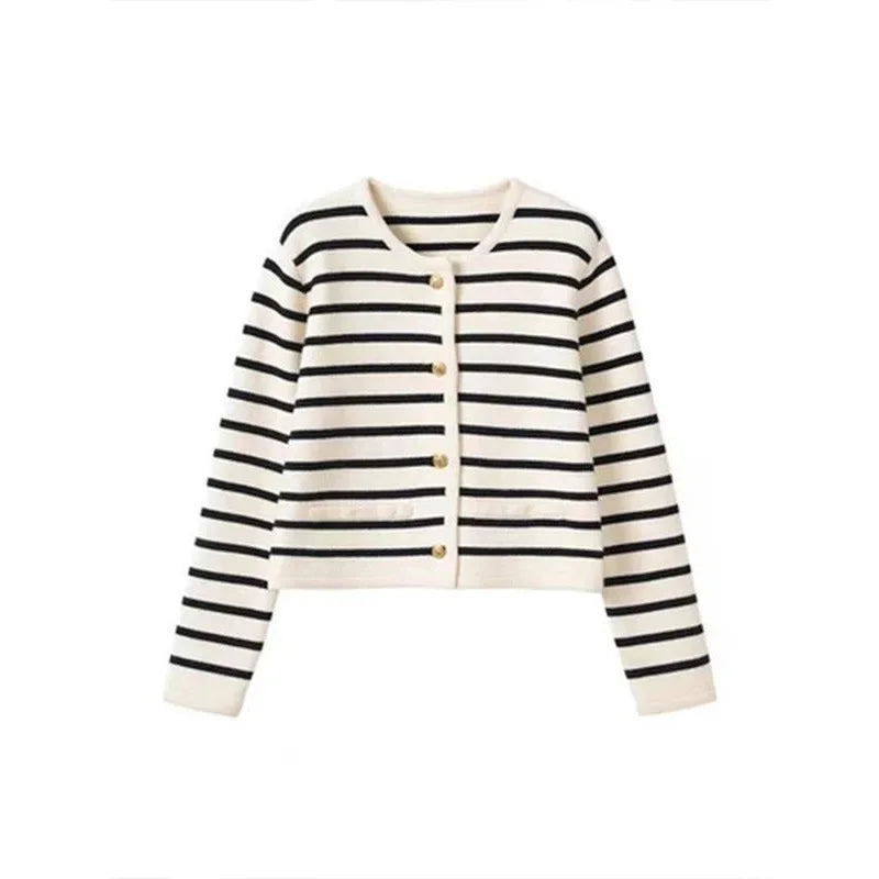 Black And White Color Blocking Striped Soft Suppled Sweater Jacket For Women 2024 Spring Autumn Outer Wear Age Reducing Cropped Knit