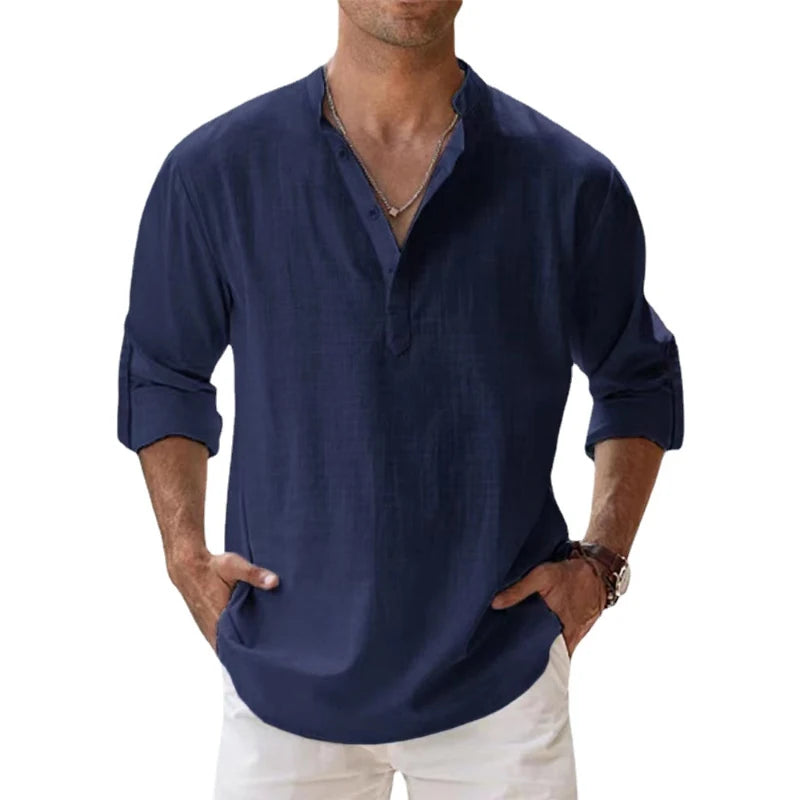 New Cotton Linen Casual Shirts for Men Lightweight Long Sleeve Henley Beach Hawaiian T Shirts